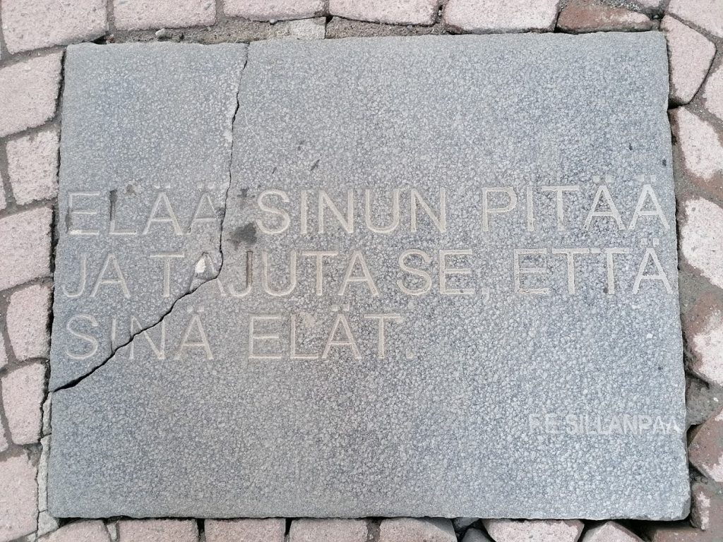 Haljennut harmaa kivilaatta, jossa on teksti: elää sinun pitää ja tajuta se, että sinä elät.